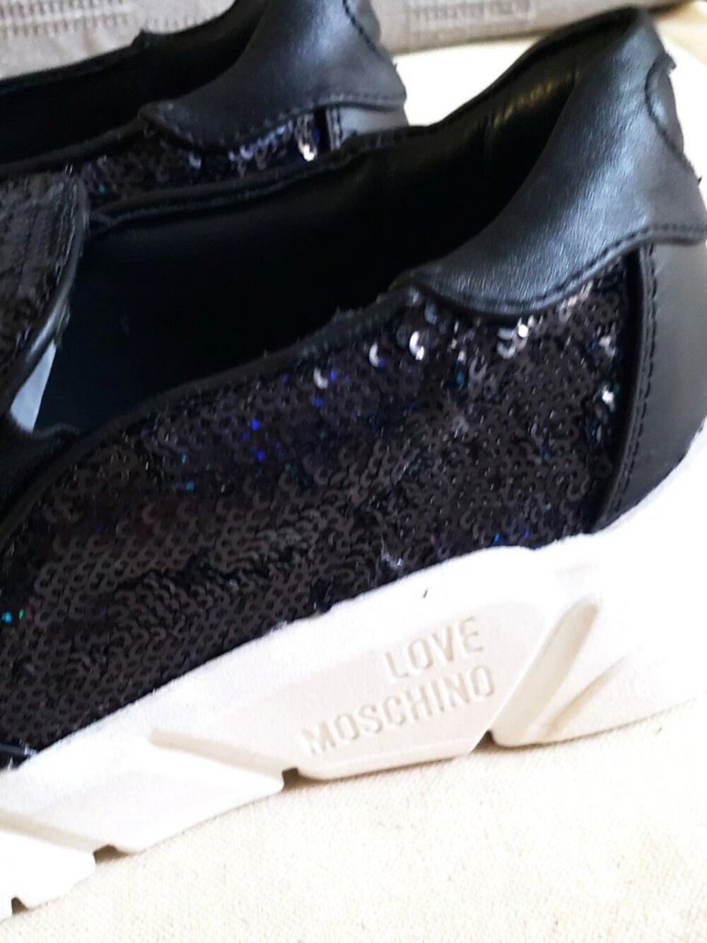 NWB LOVE Moschino Women's Size 8 Slip On Sneakers Sequin Black Shoes Heart - Picture 6 of 10